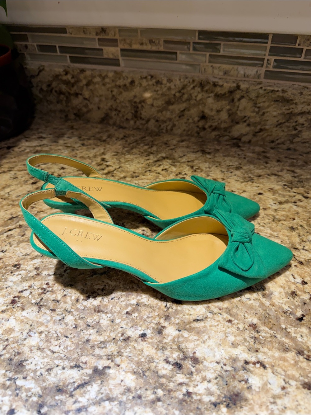 J. Crew Factory Kelly Green Bow Pointed-Toe Slingback Kitten Heel Pumps - Picture 3 of 13